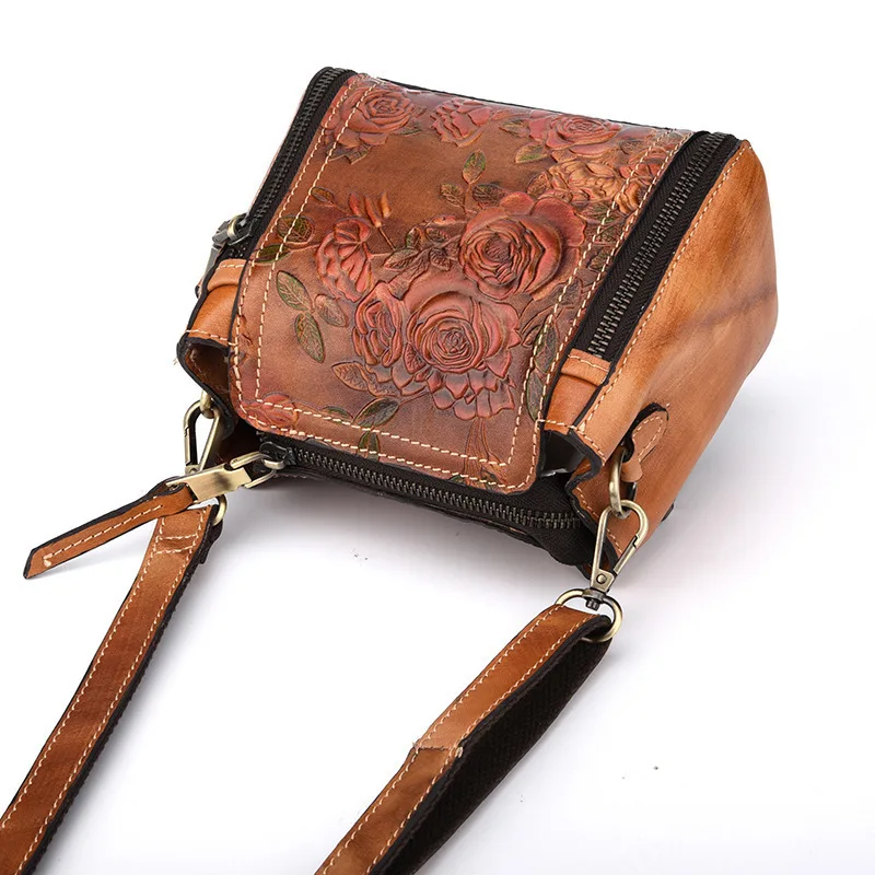 

Vintage Genuine Leather Women HandBags Printing Flower Small Women Shoulder Bags Luxury Designer Ladies Bags Double Zipper