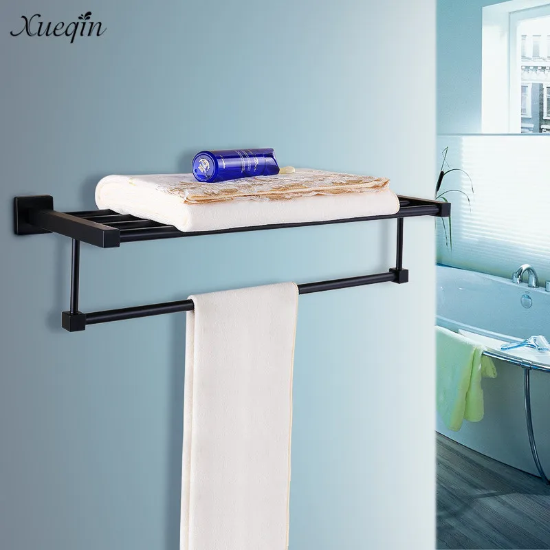 

Xueqin Black Matte Square Towel Rack Rail Toilet Brush Holder Tissue Shelf Roll Robe Hook Wall Mounted Storage Rack Double Towel
