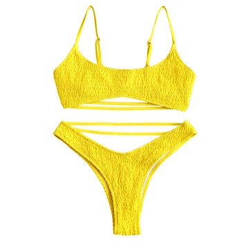 

ZAFUL 2019 New Shirred Strappy Bralette Bikini High Cut Smocked Bikini Spaghetti Straps Swimwear Women Swimsuit Sexy Biquini