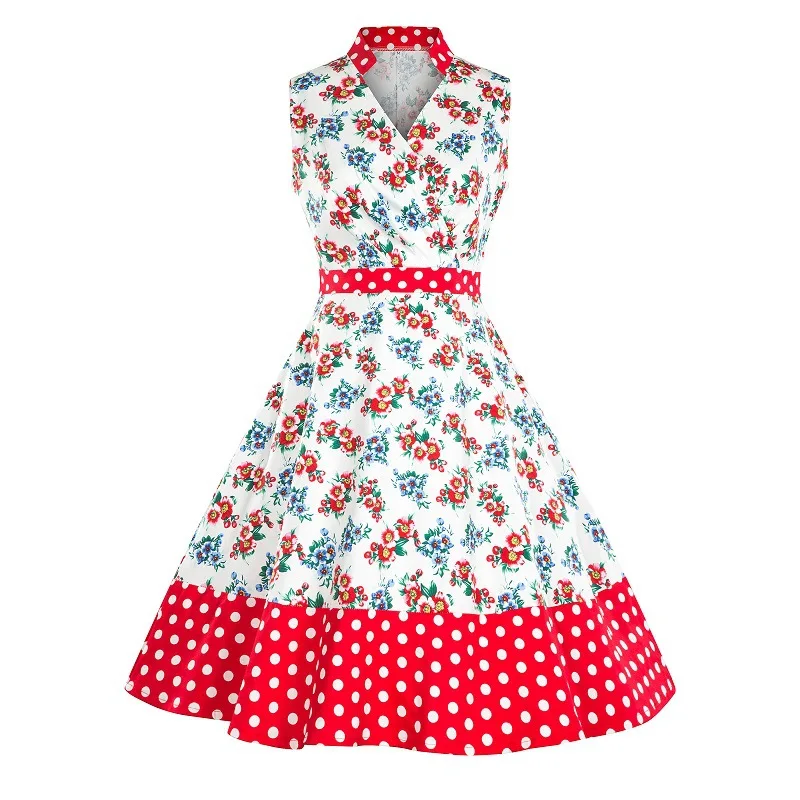 

2019 Women Dress Retro Rockabilly Floral Print Red Contrast High Waist A Line Skater Dresses Vintage Polka Dot Dress Mujer