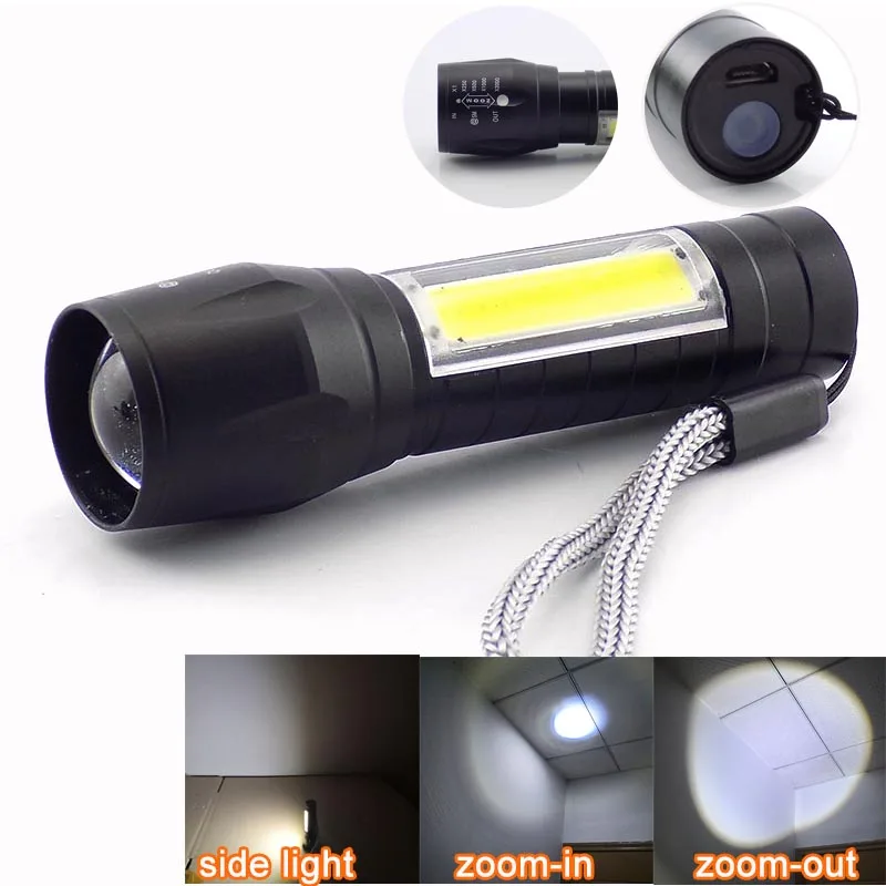 

LED Flashlight Torches Portable 4 Modes Flash light Zoom USB Rechargeable Q5 Lamp Camping Mini COB Work Light Lighting powerful