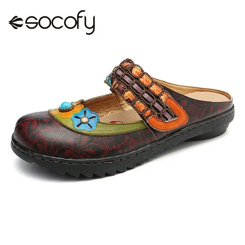 

SOCOFY Genuine Leather Flowers Pattern Retro Gems Beading Adjustable Hook Loop Daily Sandals Summer Shoes Elegant New 2019