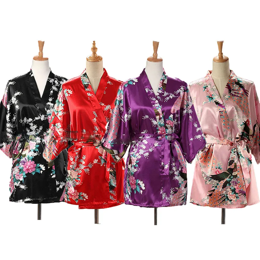 Lace Up Woman Peacock Print Japanese Kimono Yukata Silk Satin Short Style Sleepwear Home Nightgown Bath Robe Costume