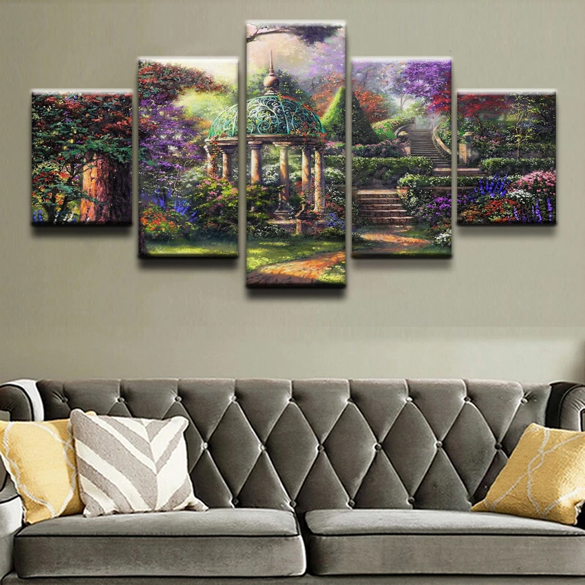 

Modern Canvas Print Modular 5 Pieces Artistic Colorful Garden Gazebe Tree Painting Wall Art Home Decor For Living Room Pictures
