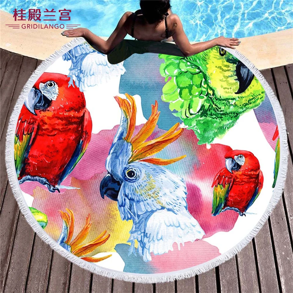 

GRIDILANGO Colorful Parrot Microfiber Round Beach Towels with Tassels for Adults Kids Beach Bath Towels Play Yoga Mat 150x150cm