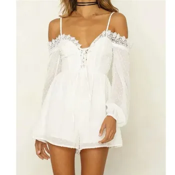 

Sexy White Lace Dot Chiffon Jumpsuit Elegant Party Lace Up Playsuit Women Romper Short Casual Overalls