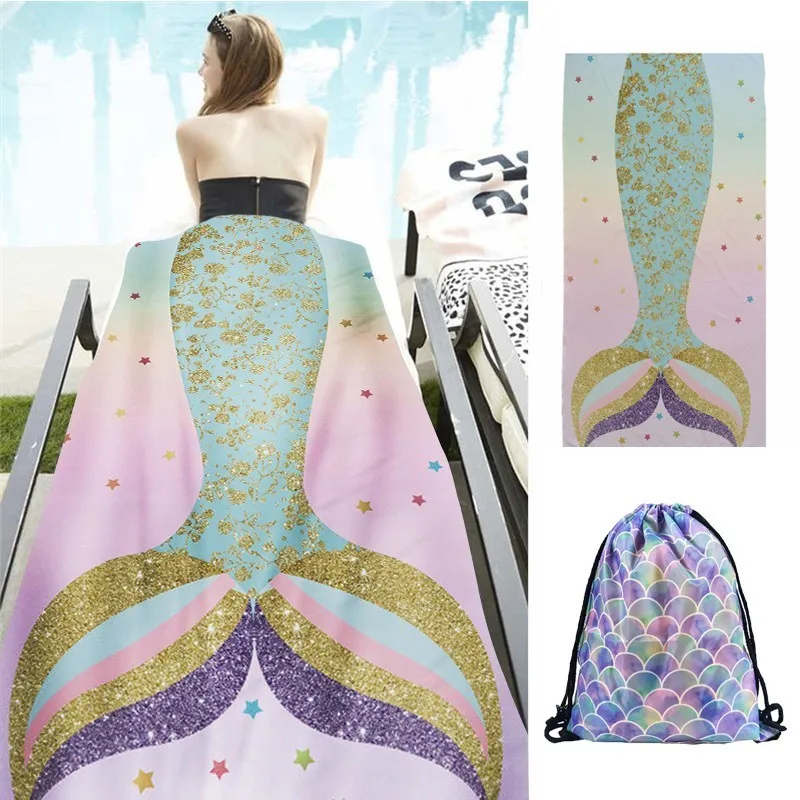 

150x75cm Rectangle Summer Beach Towel Mermaid Tail Swimming Sunbathing Towel Outdoor Camping Picnic Pad Beach Mat