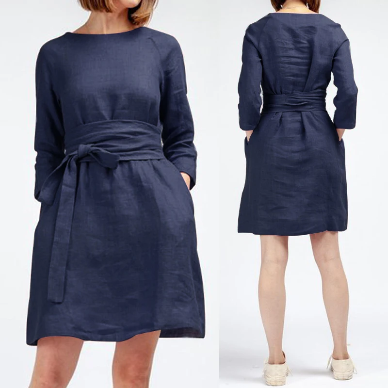 

Celmia Women Summer Shirt Mini Dress 3/4 Sleeve Loose Belted Female Sundress 2019 Solid Vintage Linen Short Vestidos Plus Size