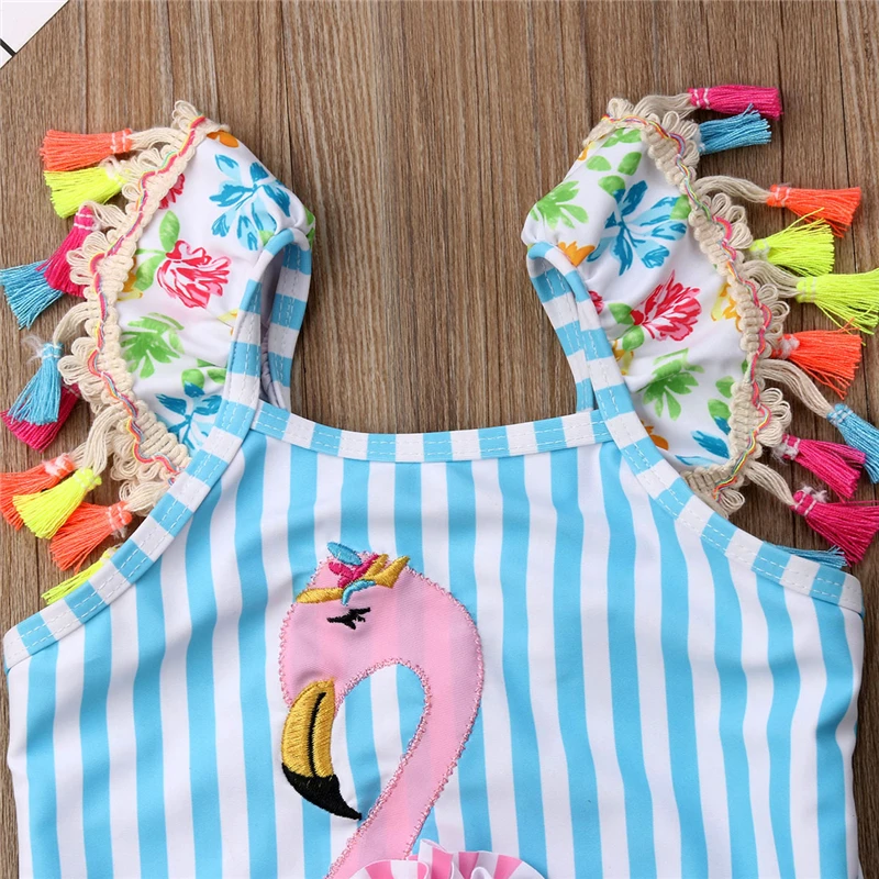 Одежда для купания в полоску с кисточками и фламинго для маленьких девочек, Цельный купальник-бикини, купальный костюм, комбинезон, пляжная одежда для плавания