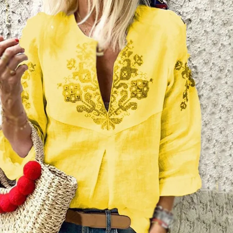 

Women Lantern Sleeve Casual Floral Printed Shirt Tops Deep V Ethnic Loose Blouse