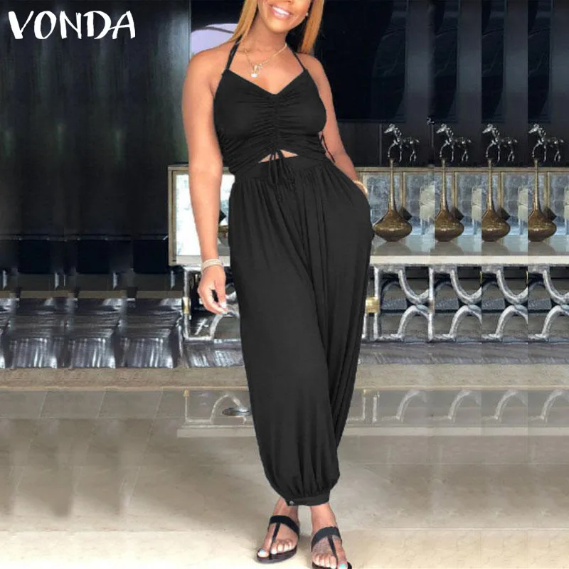 

VONDA Rompers Womens Jumpsuit 2019 Casual Harem Pants Sexy Sleeveless Backless Halter Hollow Playsuit Plus Size Solid Overalls