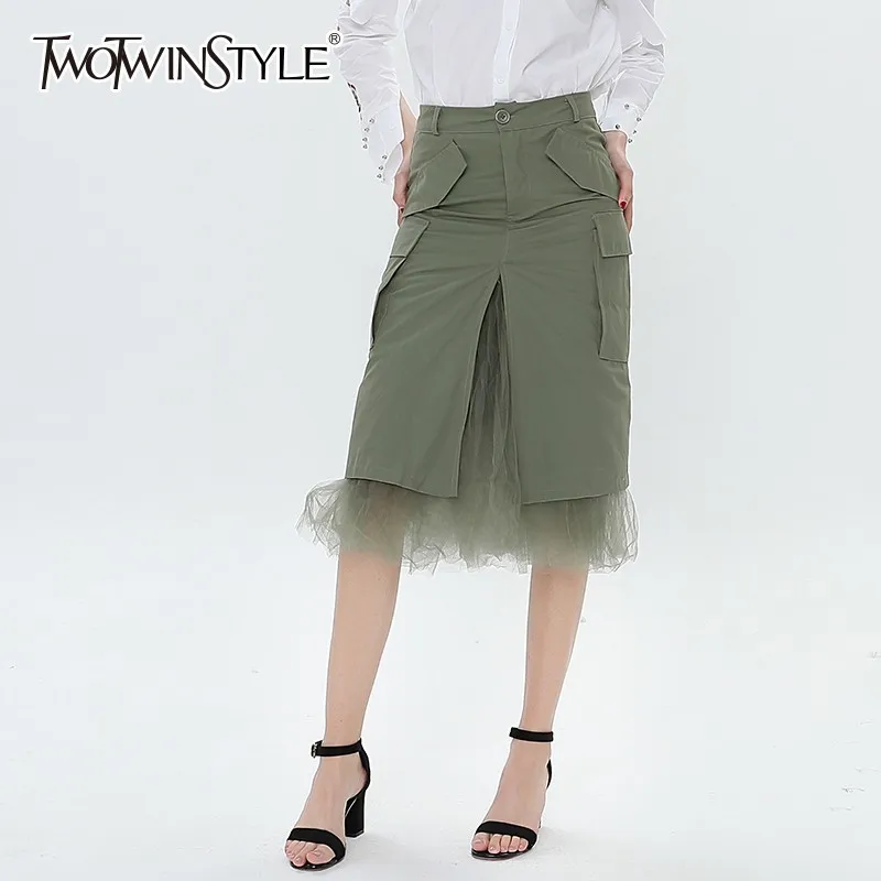 TWOTWINSTYLE Patchwork Mesh High Waist Skirts Female Pockets Split Midi Skirt For Women Casual Fashion 2020 Autumn Clothing | Женская