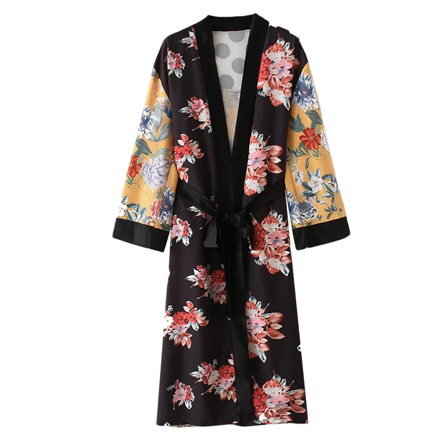 Flower Print Kimono Boho Long Loose Casual Robe with Belt 5