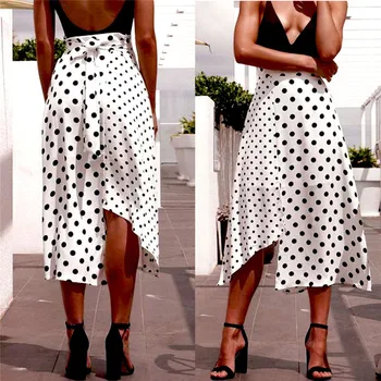 

Summer Beach Casual New Fashion Women Clothes Skirts 2019 Women High Waist Dot Print Irregular Midi Skirt
