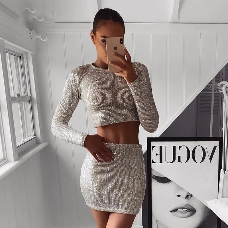 Slaygirl 2018 Bodycon Sequin Женский комплект 2 шт. сексуальная одежда для вечеринок из двух
