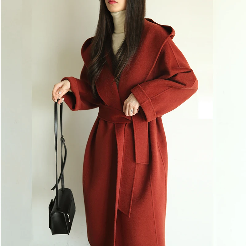 Женское шерстяное пальто размера плюс, новинка, длинное двухстороннее шерстяное пальто с капюшоном, Женская шерстяная куртка высокого класса ручной работы Ls095