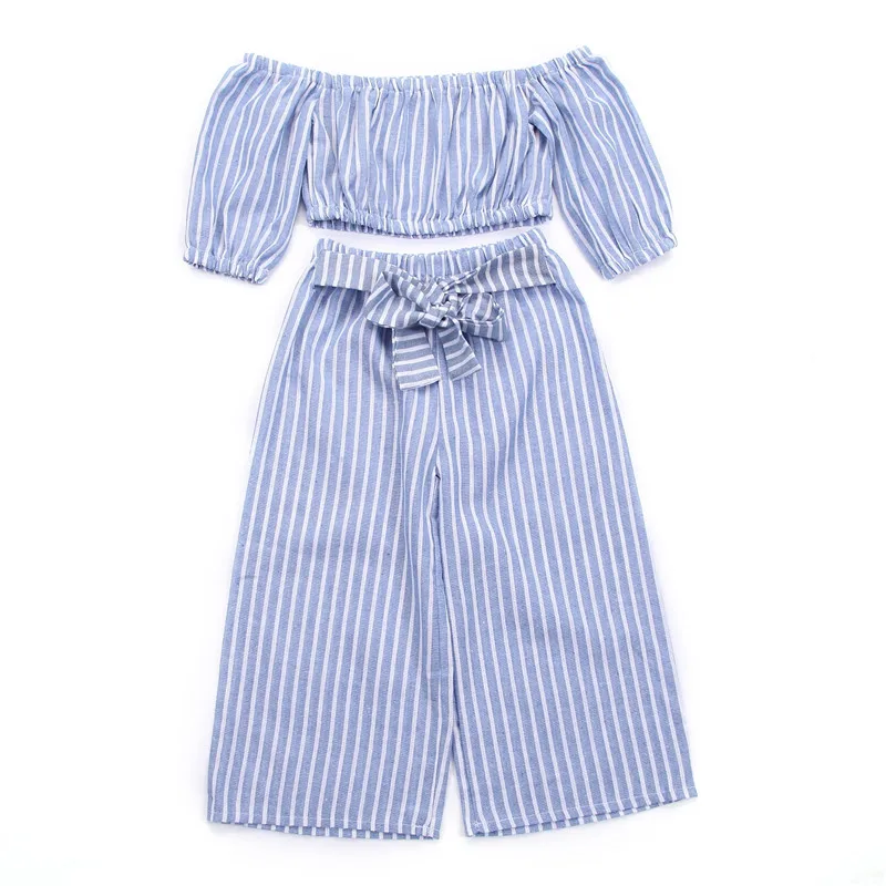 Stripe Lace Kid Toddler Girl Off Shoulder Crop Top Wide Leg Pants Casual Clothes