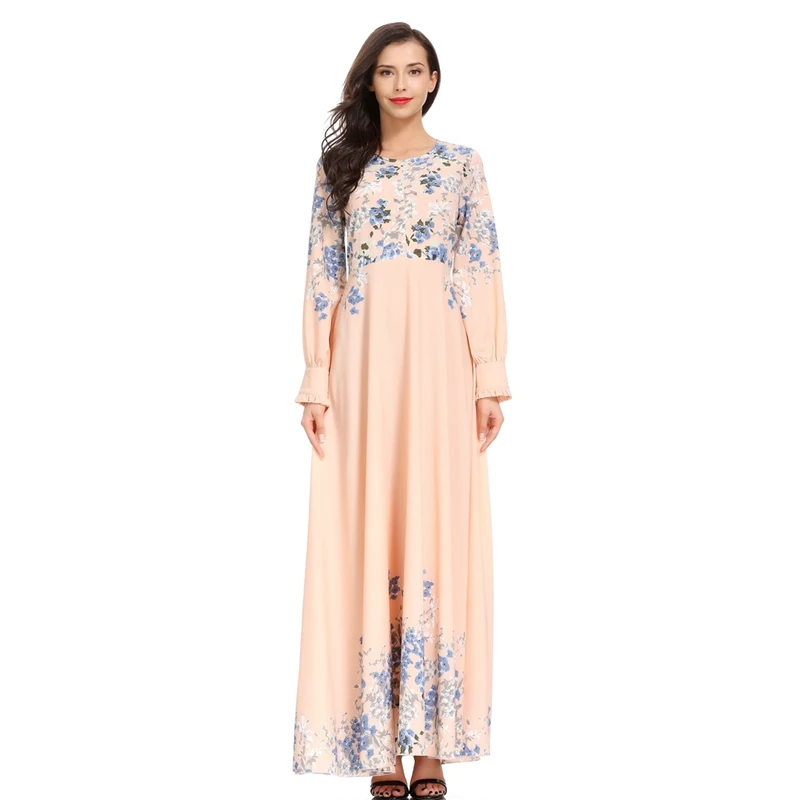 

NEW-Women Muslim Fashion Turkish Islamic Clothing Printed Long Dresses O-Neck Long Sleeve Zipper Slim Dress