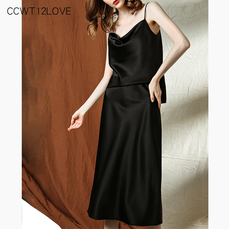 Casual Vrouwen Past Rokken en Tops 2019 Satijn Tank Top V-hals Midi Rok EEN Lijn Zwarte Vrouw 2 Stuks sets Outfits Losse