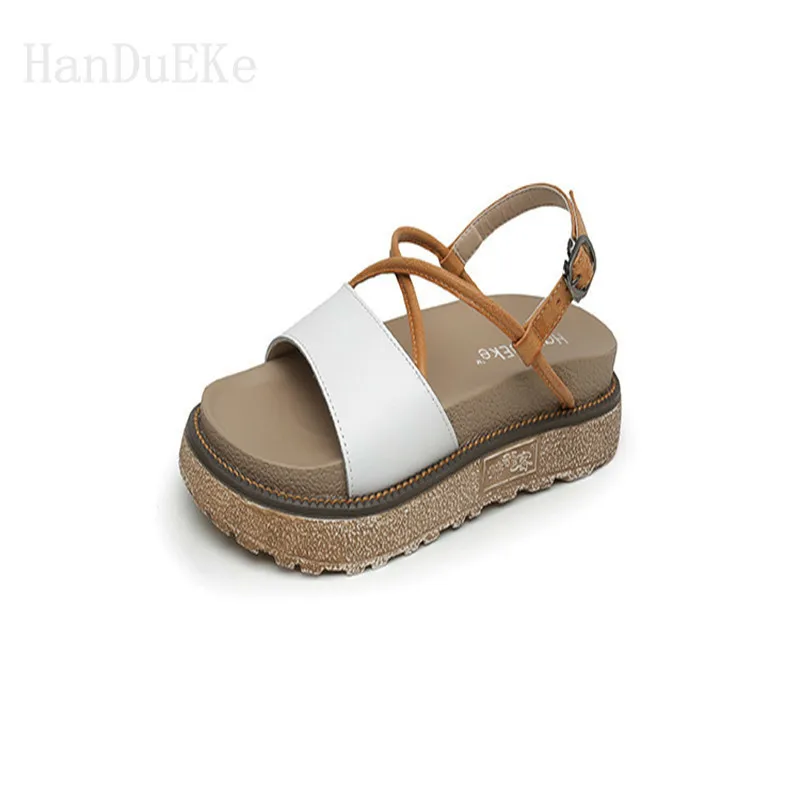 

HanDuEKe Buckle Flat leather Sandals Women Flat Platform Sandals Casual Fashion Ladies Sandals Brand Large Size Sandal Women