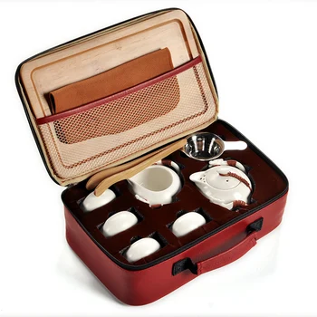 

Yixing Pottery Tea Set / Outdoor Tourism Portable 1 Teapot 4 Cups / Bamboo Tray Purse / Family Drink Cup Of Kung Fu Tea Set