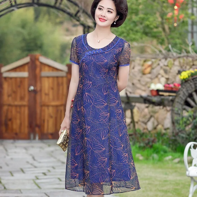 

Elegant Short Sleeve A-Line Summer Dress 2019 Middle Aged Women Casual O Neck Print Party Dresses Vestidos Plus Size 5XL