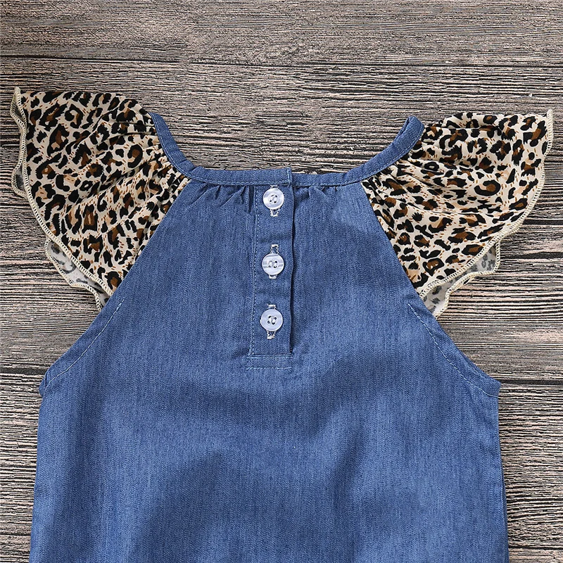 Джинсовый комбинезон с леопардовым принтом для маленьких девочек от 0 до 24 месяцев повязка на голову, комплект одежды из 3 предметов