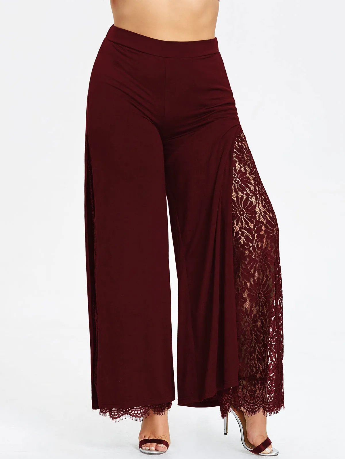 Plus Size Women Summer Wide Leg Pants Casual Loose High Slit Lace Palazzo Pants Women Straight Long Trousers Plus Size Women Summer Wide Leg Pants Casual Loose High Slit Lace Palazzo Pants Women Straight Long Trousers