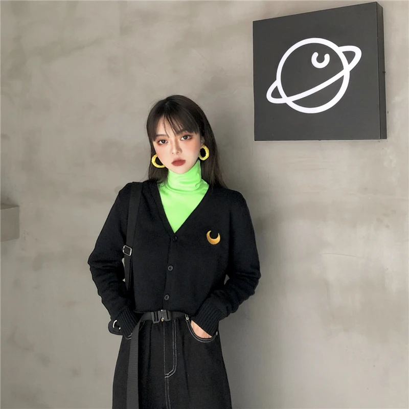 Harajuku Модный женский однобортный Кардиган с вышивкой Луны, Модный мягкий вязаный короткий свитер с длинным рукавом, верхняя одежда