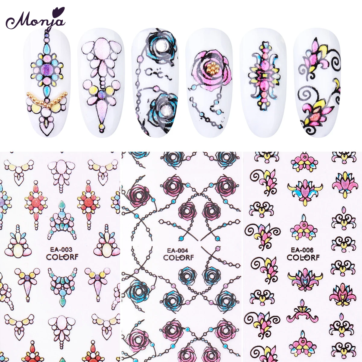 Самоклеящиеся наклейки Monja для дизайна ногтей в виде цветка розы ожерелья 3D