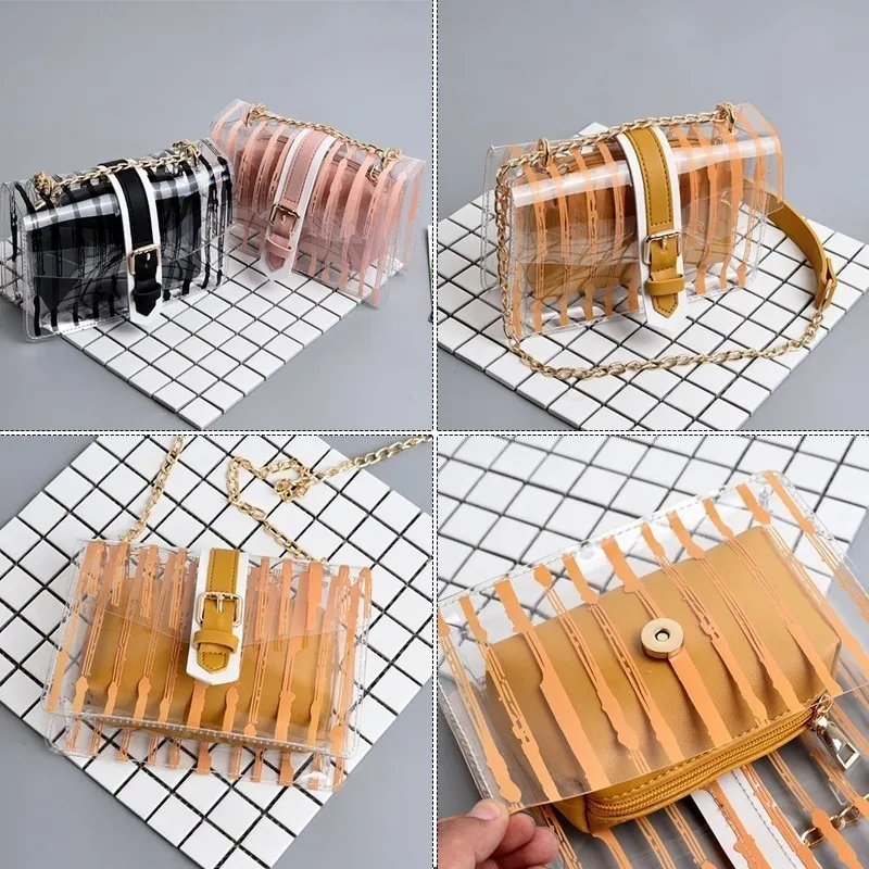 TTOU Women Fashion Messenger Bag Set 2pcs Transparent PVC Crossbody Bag Female Candy Color Jelly Chain Bag Beach Bag