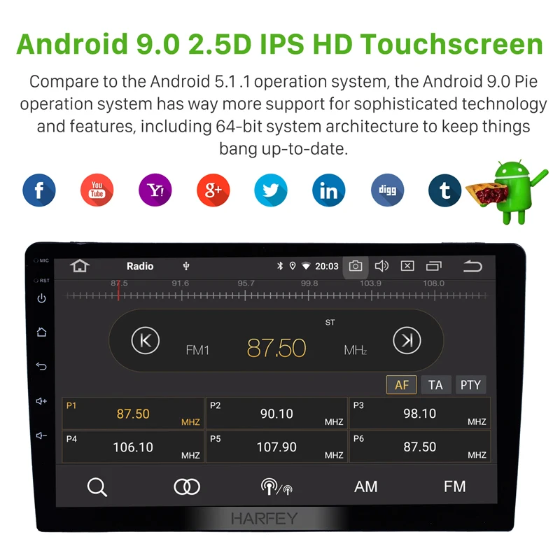 Top Harfey Android 9.0 9 inch Universal Car Radio Touchscreen Stereo GPS Navi Multimedia Player 1Din Head unit Support 4G Wifi 3