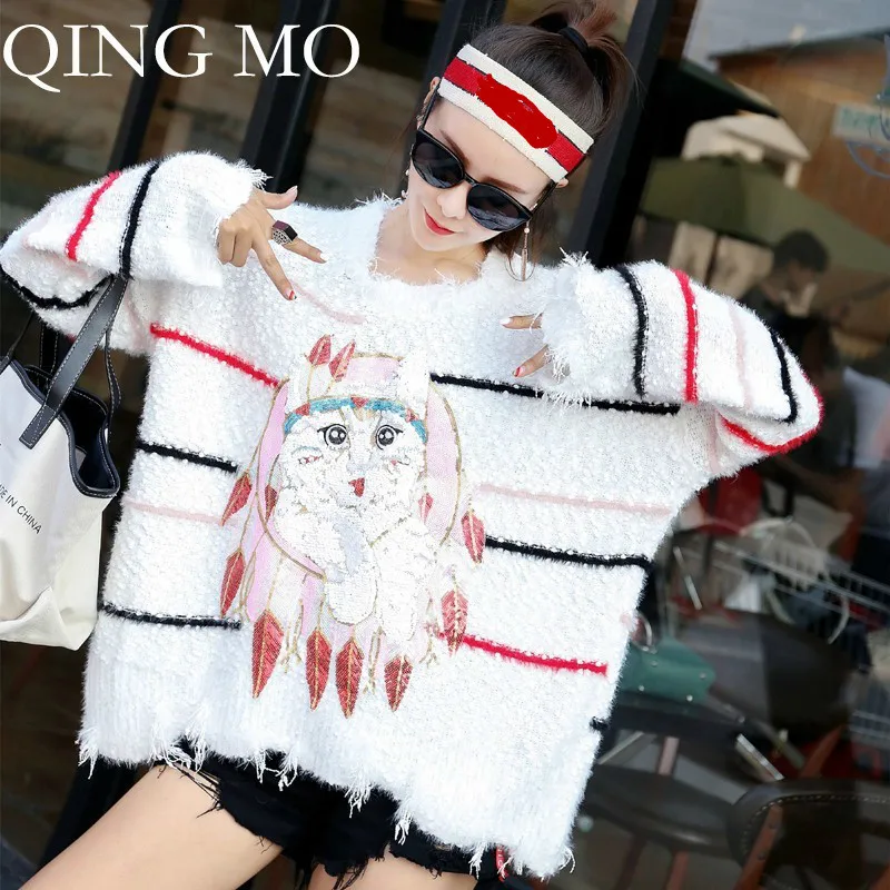 QING MO 2018 Women Autumn And Winter New Cartoon Striped Loose Sweater Large Version Long Sleeve Knitted WYM015 | Женская одежда