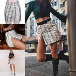 Новый Для женщин со змеиным принтом короткие мини-юбка Разделение юбки клуб праздничная одежда мода