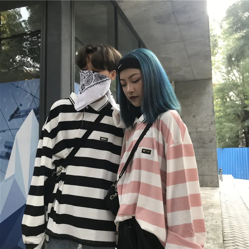 

2019 Autumn T Shirt Women Fashion Striped Turn-down Collar Womens Clothing Casual Long Sleeve Loose Streetwear T-shirt Female