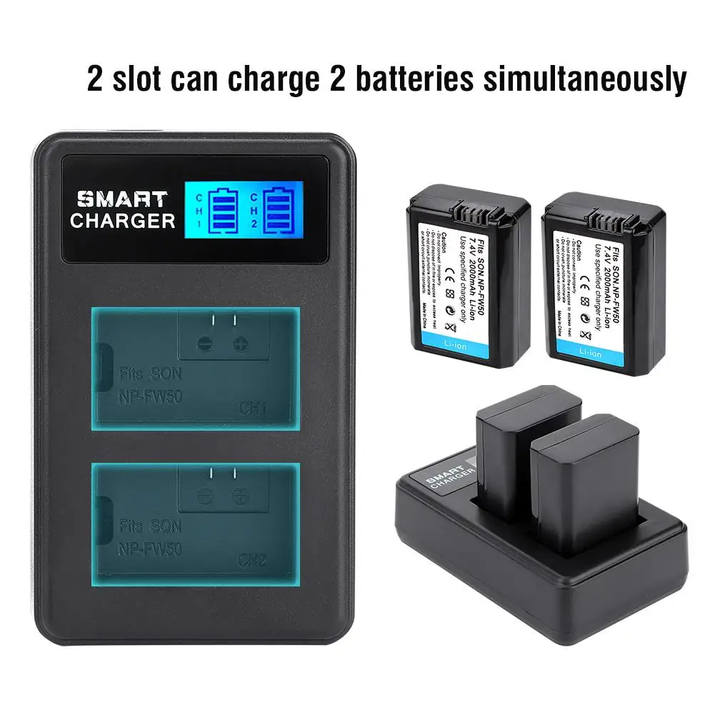 

Battery Kits for Sony A6000 A6300 A6500 A7r A include 2Pcs NP-FW50 Battery +1Pcs Charger Dual Slot USB Charging with LCD Screen