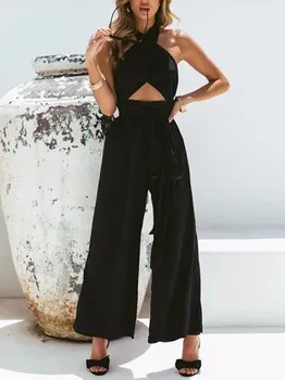 

2019 Fashion Women Hollow Out Jumpsuit Casual High Waist Wide Leg Playsuit Solid Loose Cross Back Halter Rompers