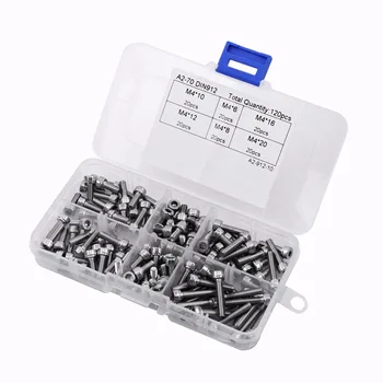 

120Pcs DIN912 M4x6/8/10/12/16/20 Stainless Steel Hex Socket Screw Cylinder Cap Head Screw for Machinery Furniture DIY Repair Kit