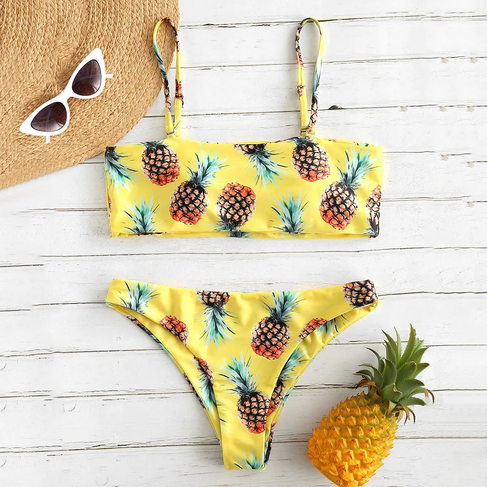 

2019 New Tropical Fruit Pineapple Print Cami Women Bikinis Swimsuit Swimwear Female Bikini Set Swimming Suit