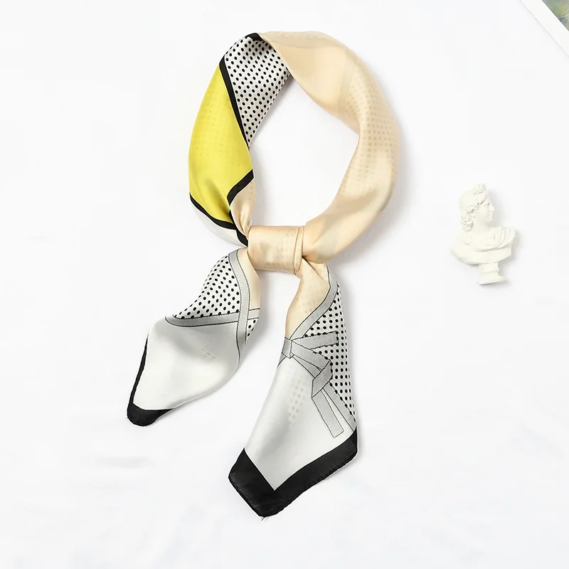 70*70Cm Patchwork Dot Square Silk Feel Satin Scarf Spain Luxury Brand Women Head Skinny Hair Tie Band Small Kerchief Wrap Snood
