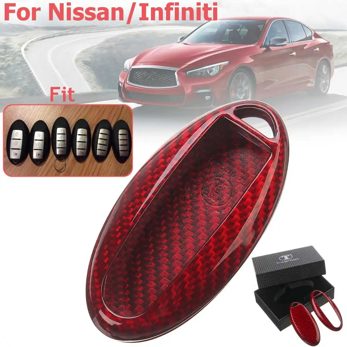 

Remote Car Key Case Cover Real Carbon Fiber Red For Nissan Altima Armada Maxima GT-R 370Z for Infiniti Q30 Q40 QX70 Styling