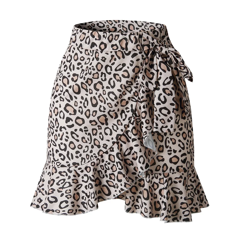 

2019 Summer Women's Leopard Bodycon Short Mini Skirts Ruffled Irregular Casual High Waist Lace Up Tight A-line Skirts Jupe Femme