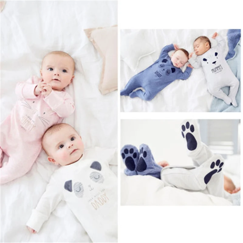 Великобритании для новорожденных мальчиков и девочек папа, мама Babygrow спортивный костюм горячее предложение милый медведь Детские