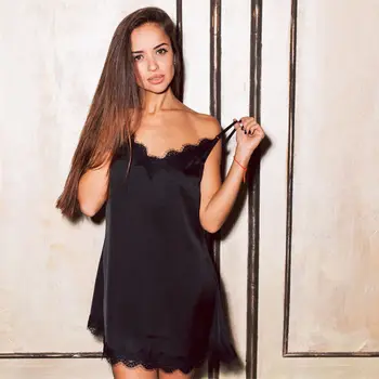 

New Fashion Women Silk Satin Lace Lingerie Sleepshirts Babydoll Sleepwear Nightwear Sexy Mini Short Nightgowns