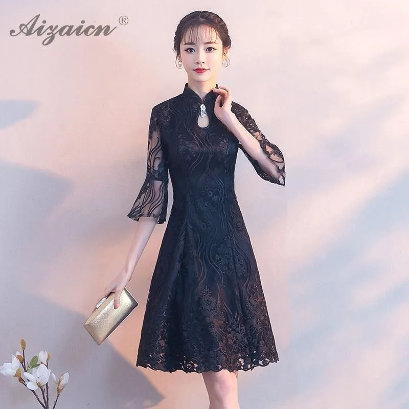 

Fashion Black Sexy Cheongsam Dresses Oriental Style Short Qi Pao Women Chinese Traditional Clothing Chinoise Water Collar Gown
