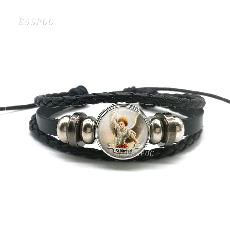 

St Michael Art Photo Leather Bracelet DIY Glass Cabochon Luck Religious Button Braceletet Fashon Jewelry ANGEL BRACELET
