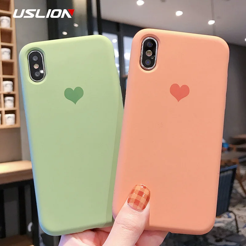 

USLION Simple Solid Color Case For iPhone Xs Max XR XS X 8 7 6 6S Plus Cartoon Love Heart Phone Cases Soft TPU Back Cover Coque