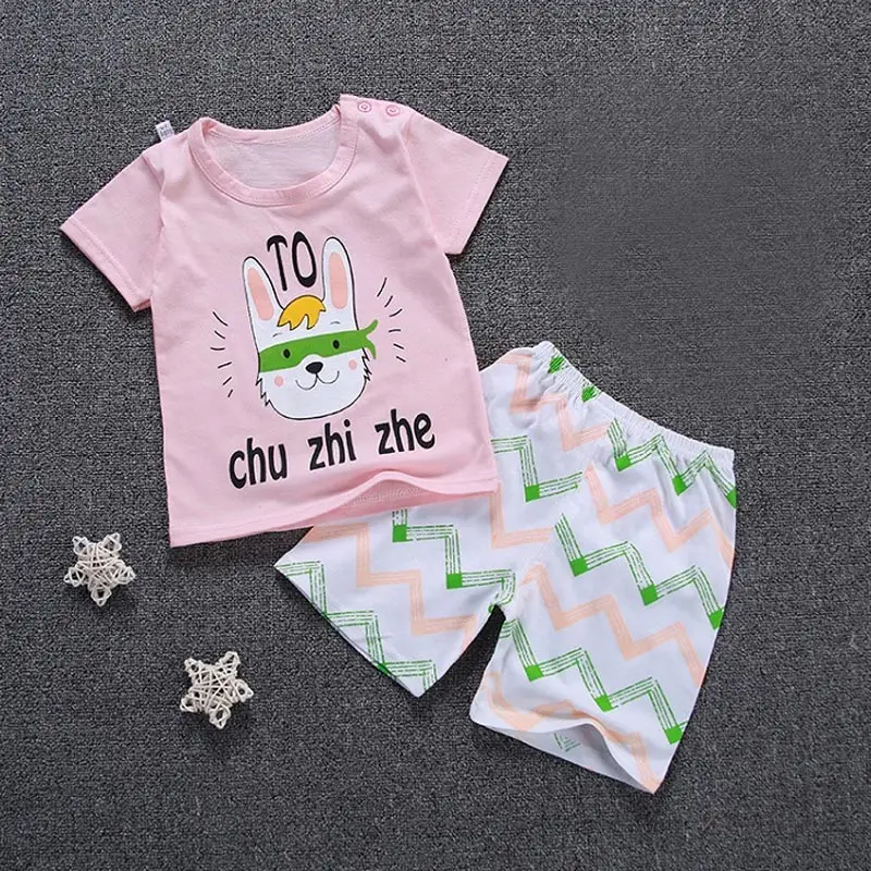 

2pcs/set Tops+Pants Kids Summer Suit Striped Shorts Sleeves Round Neck Cartoon Thin Elastic YJS Dropship