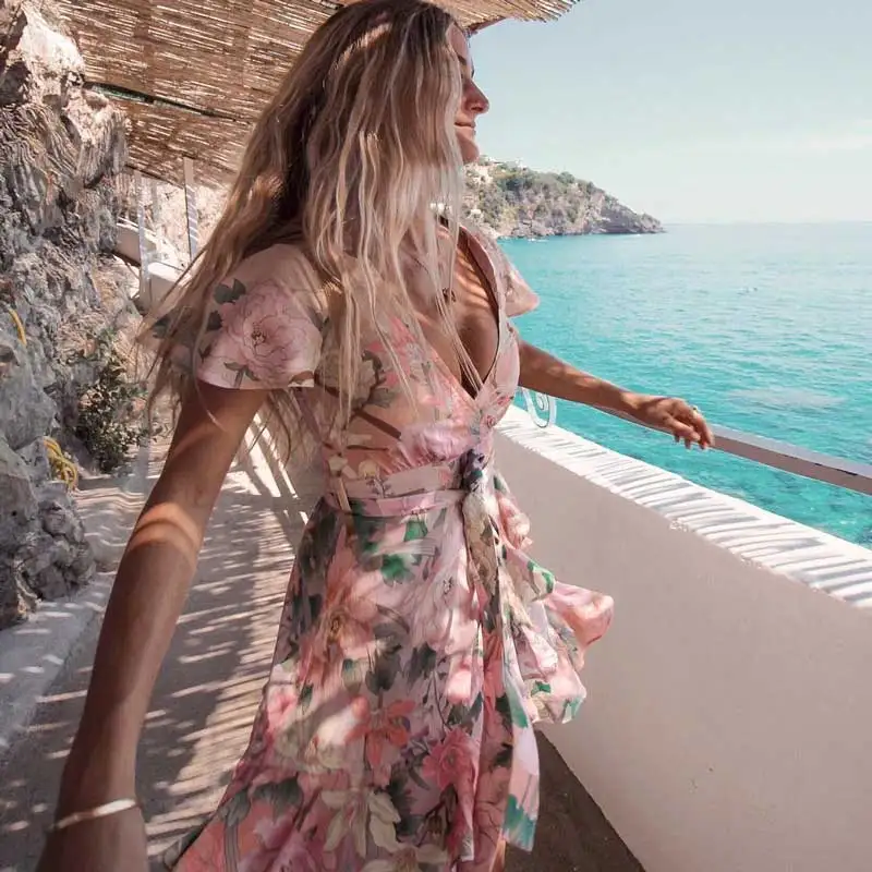 

Vintage Lily Floral Print Sashes Wrap Boho Dress Women Rayon V-neck Ruffle Summer Dress Ladies Sexy Beach Dresses 2019 Vestidos