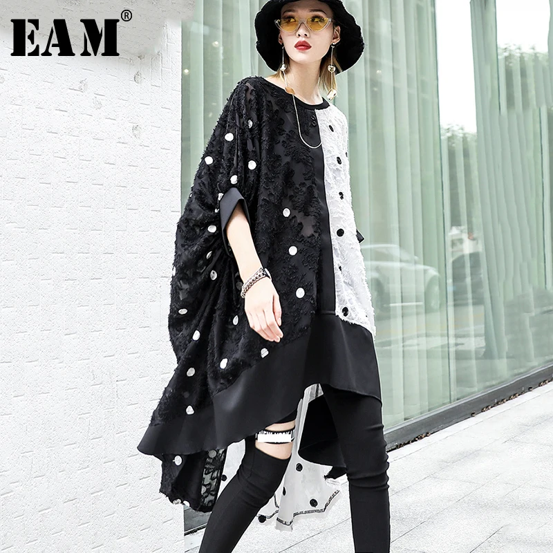 

[EAM] 2019 New Spring Summer Round Neck Half Sleeve Hit Color Dot Printed Irregular Back Long Big Size Dress Women Fashion JS126